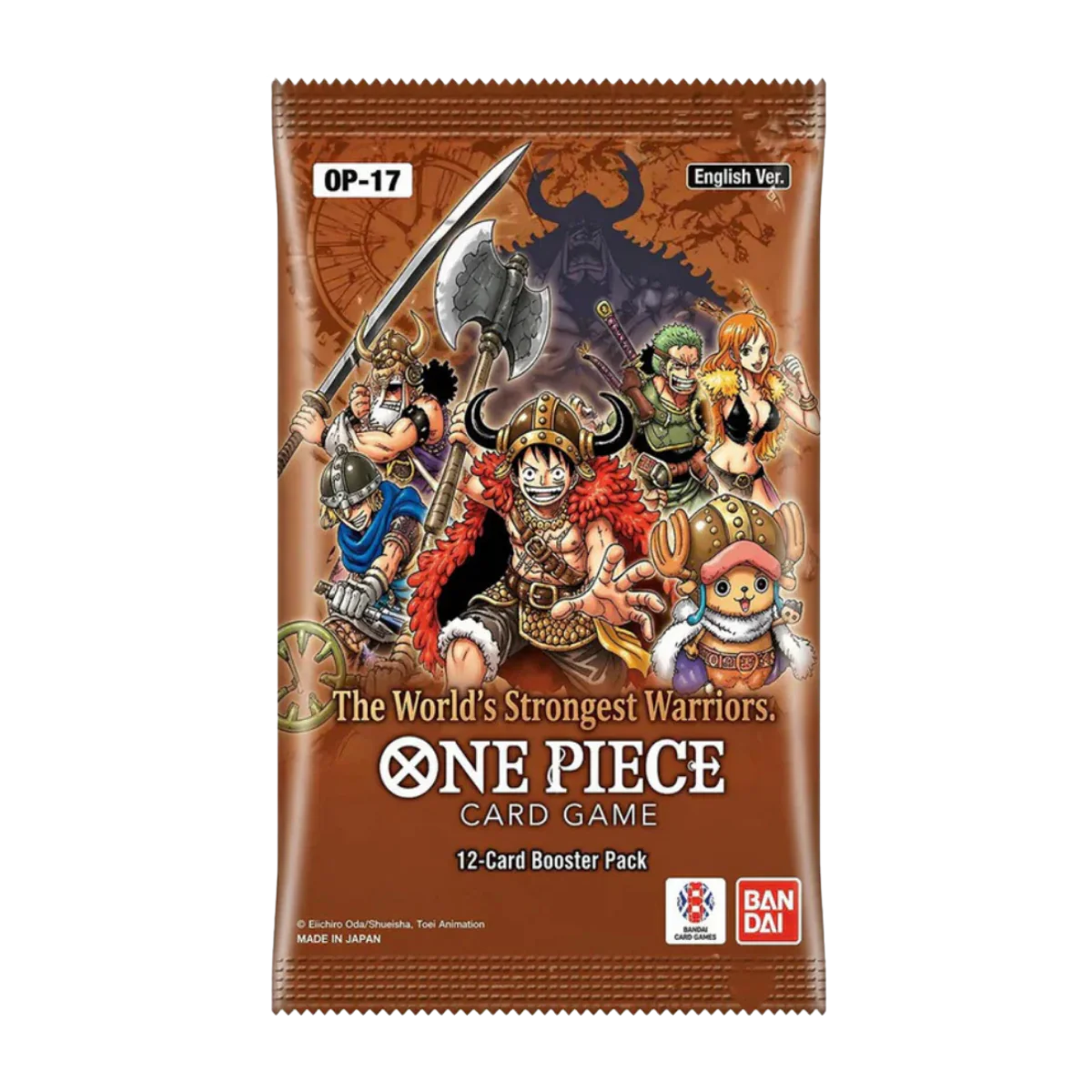 Booster pack for The World's Strongest Warriors Booster Box from the One Piece Card Game, featuring iconic characters.