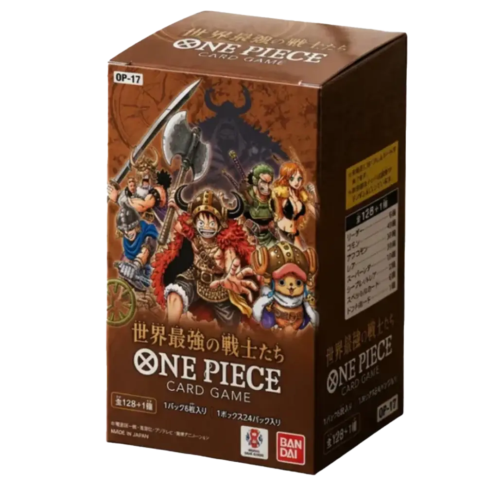 One Piece card game box featuring iconic characters from the anime series, showcasing vibrant artwork and details.