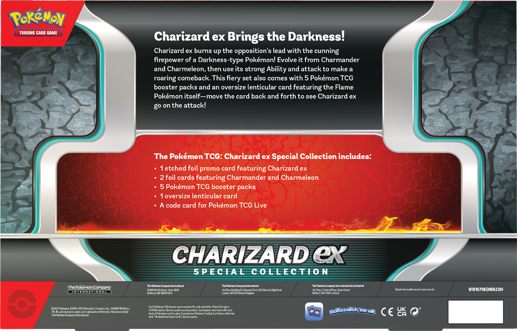 Charizard EX Special Collection box featuring Charizard ex, foil cards, booster packs, and Pokémon TCG Live code.
