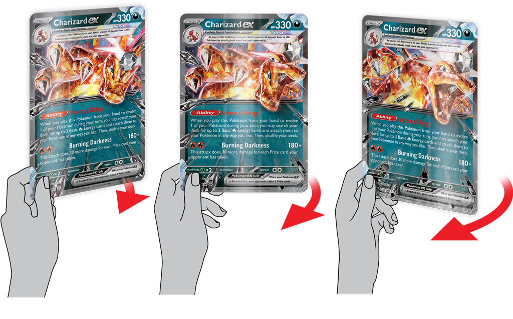 Hands showcasing three angles of Charizard EX card from Pokémon TCG, featuring Burning Darkness ability.