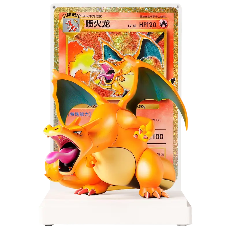 Charizard figurine with Pokémon card in the background, showcasing vibrant colors and detailed features.
