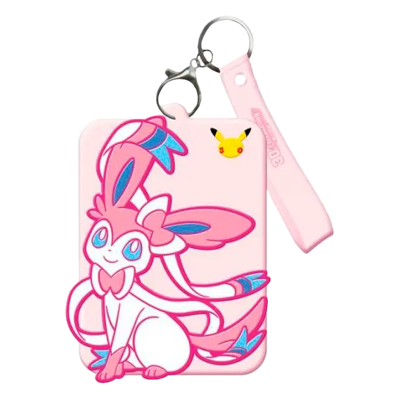 Cute Sylveon keychain with a pink design and Pikachu tag, perfect for Pokémon fans.