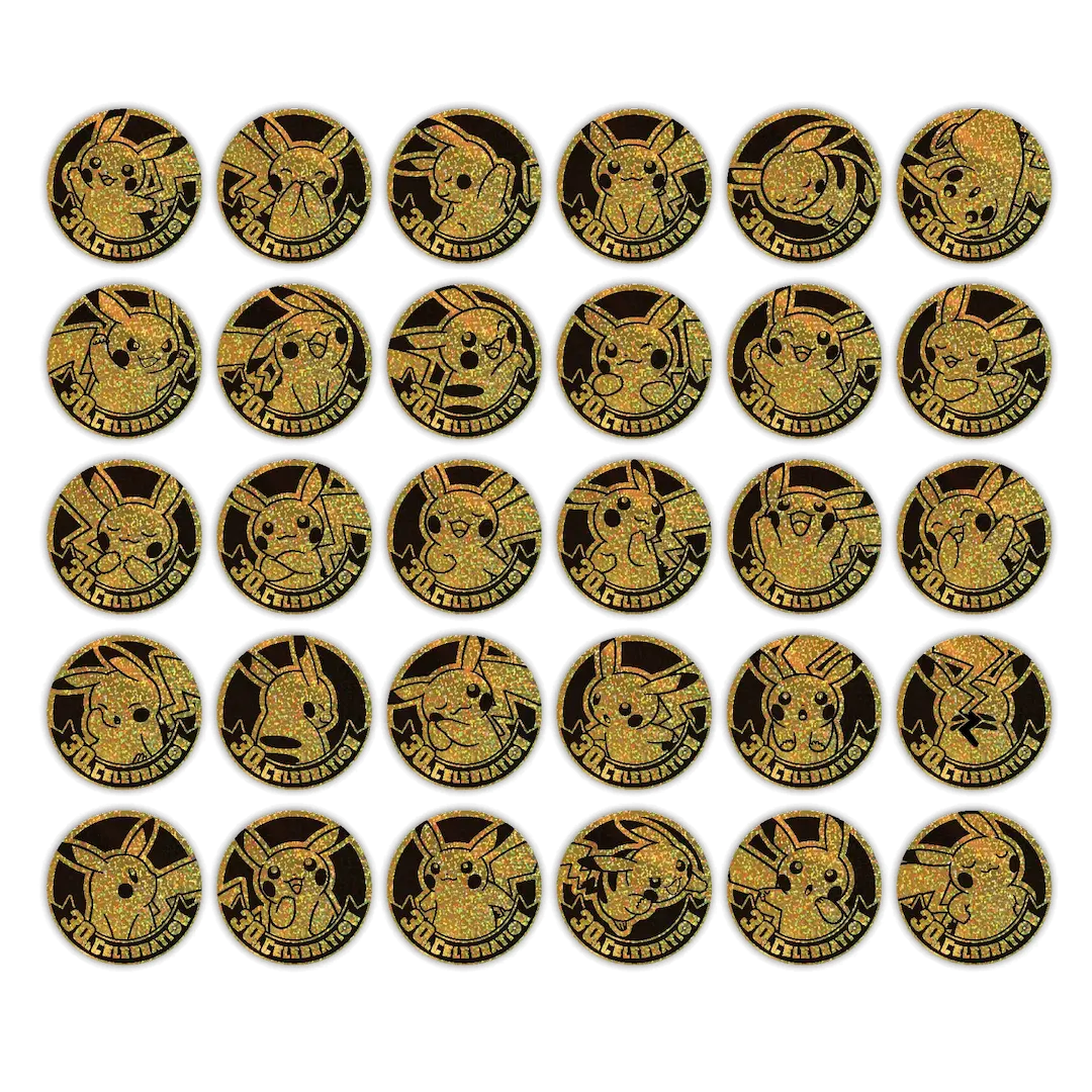 Collection of Pikachu-themed gold coins featuring various designs and expressions, arranged in a grid pattern.