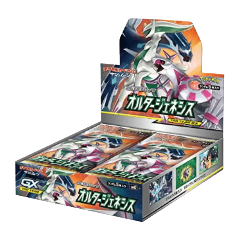 Alter Genesis Booster Box showcasing Pokémon cards and packaging design.