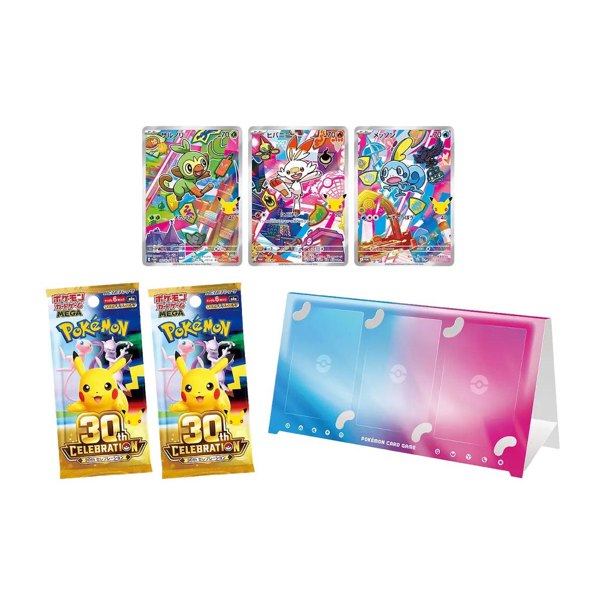 Collection of Pokémon cards and celebratory packs, featuring vibrant illustrations and a display stand.
