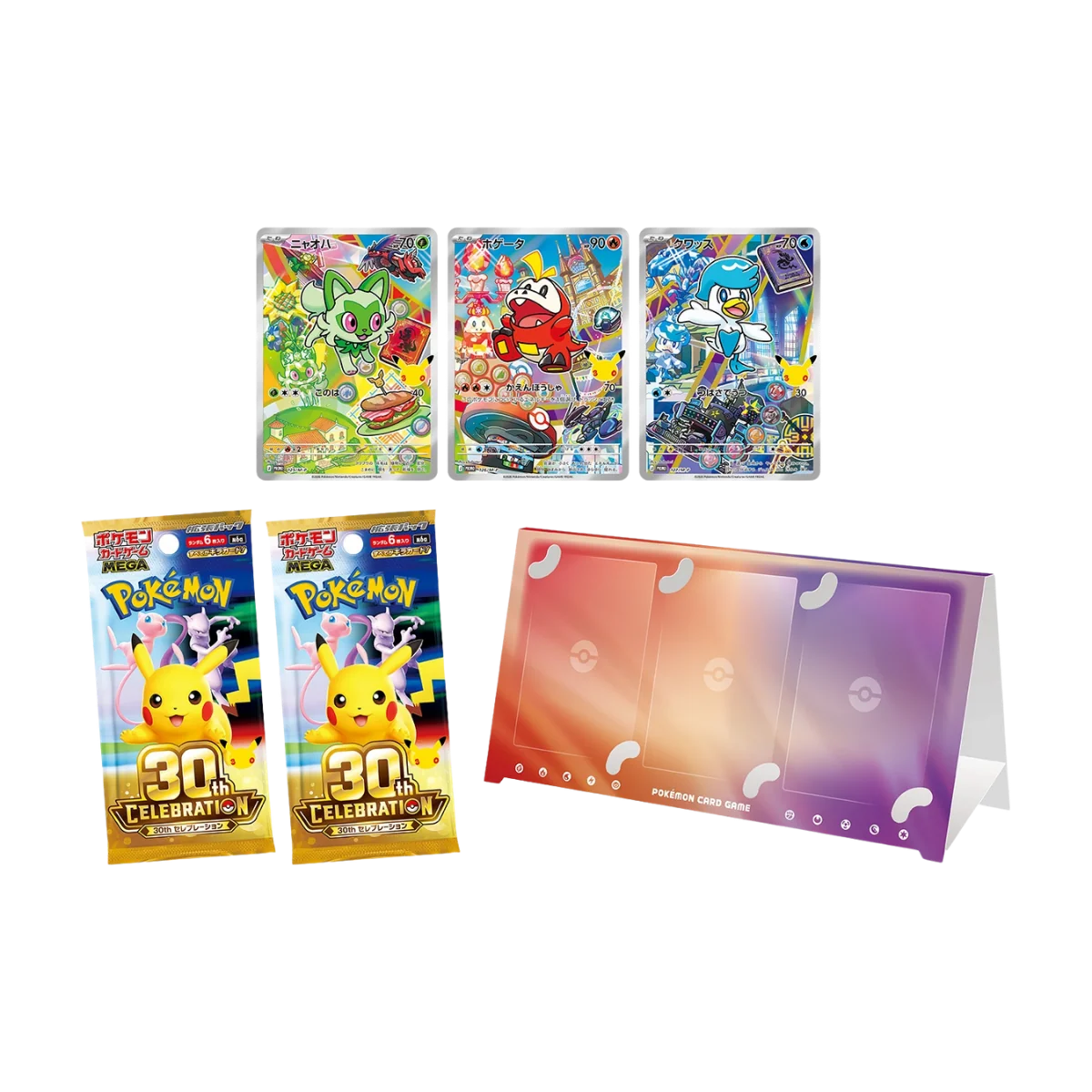 Pokémon trading cards displaying various characters with special 30th Celebration packs and a card holder.