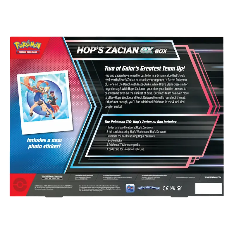 Hop's Zacian ex Box back design showcasing promo cards, booster packs, and a photo sticker from Pokémon TCG.