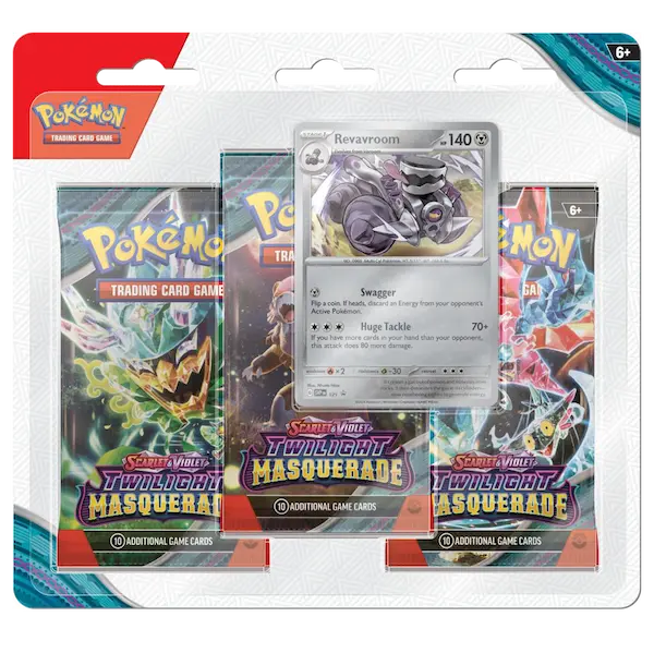 Pokémon SV06 Twilight Masquerade 3-Pack Blister featuring Revavroom promo card and booster packs.