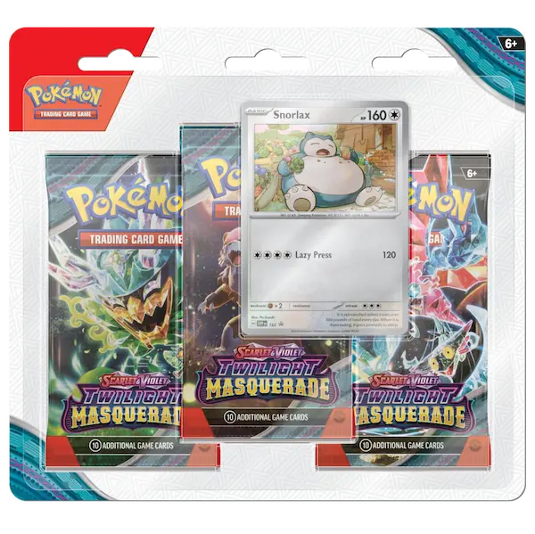 Pokémon SV06 Twilight Masquerade 3-Pack Blister featuring Snorlax promo card and three booster packs.