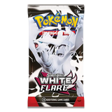 Pokémon White Flare Booster Pack featuring a black package and White Kyurem illustration, including 10 additional game cards.