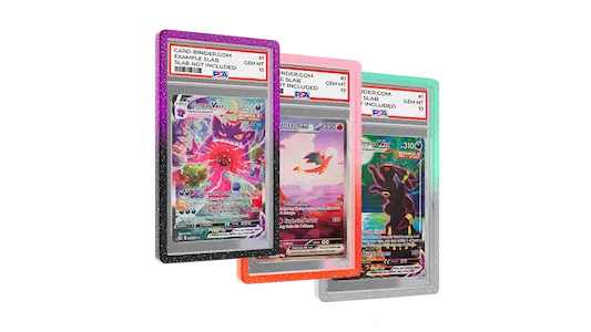 Three graded Pokémon trading cards in protective cases showcasing vibrant artwork and design.