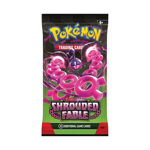 Pokémon Shrouded Fable Booster Pack SV06 featuring vibrant designs and 10 additional game cards.