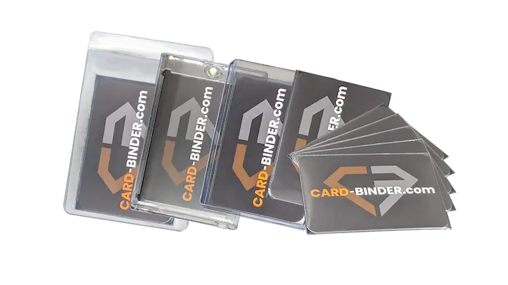 Collection of card sleeves and a binder from CARD-BINDER.com for organizing trading cards.