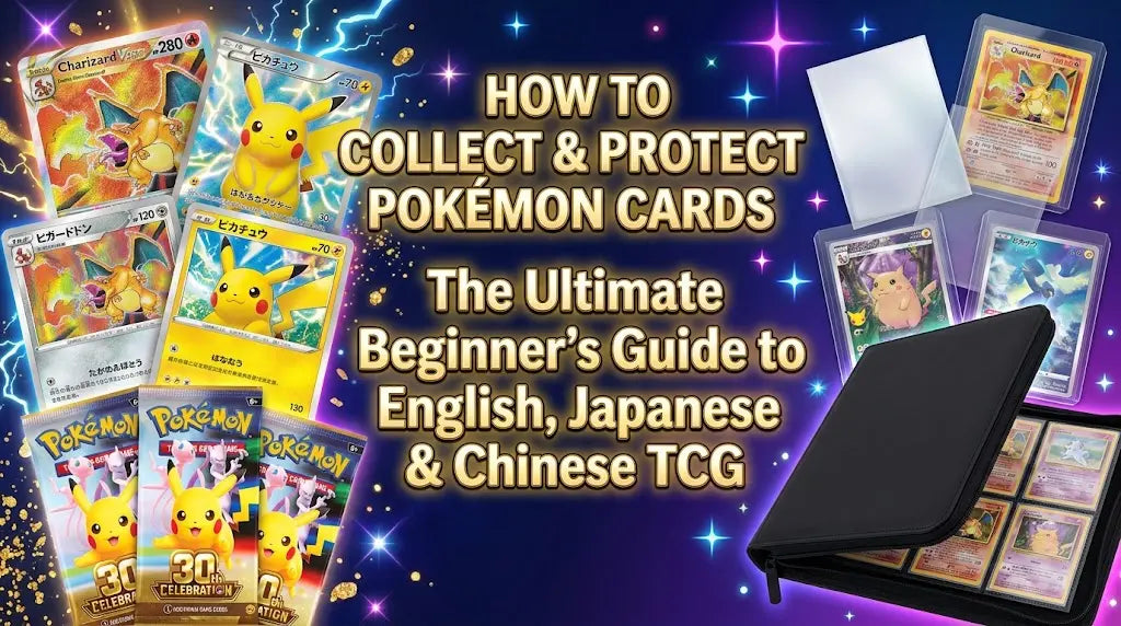 How to collect and protect Pokémon cards beginner guide banner featuring Japanese booster packs, sleeves and toploaders