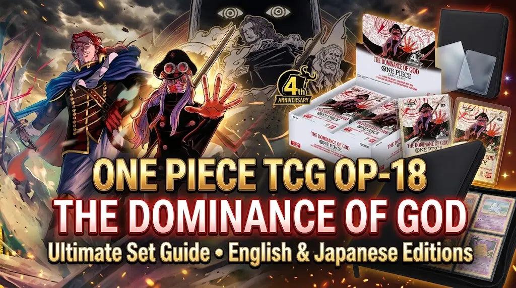 One Piece TCG OP-18 The Dominance of God set guide banner featuring Holy Knights Saint Shamrock and Saint Gunko alongside booster boxes, card sleevs and a zipper binder