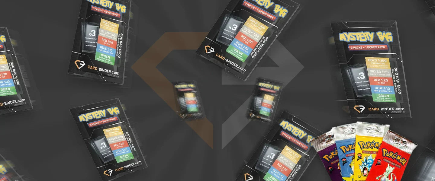 Pokémon Mystery Bags 1.0 featuring sealed mystery packs and vintage booster packs from Card-Binder.com.