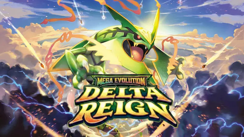 Pokémon TCG Delta Reign artwork featuring Mega Evolution Rayquaza in a dynamic pose.