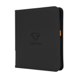 12-Pocket Card Binder Black with sleek design, smooth zipper, and durable surface for storing trading cards.