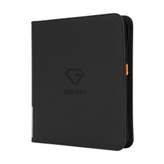 12-Pocket Card Binder Black with sleek design, smooth zipper, and durable surface for storing trading cards.