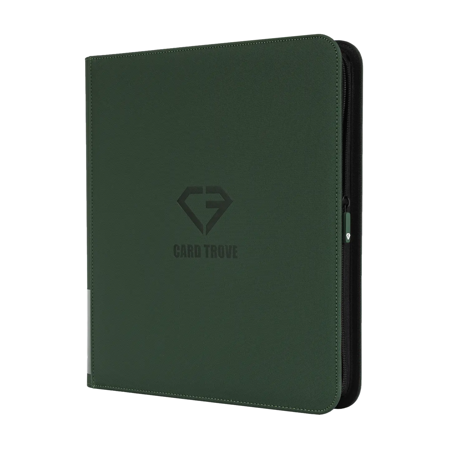 12-Pocket Card Binder Green, sturdy binder for storing 480 standard trading cards with smooth zipper and splash resistance.