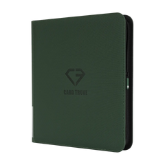 12-Pocket Card Binder Green, sturdy binder for storing 480 standard trading cards with smooth zipper and splash resistance.