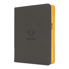 9-Pocket Toploader Card Binder - Trove Limited in grey with orange zipper, ideal for storing trading cards.