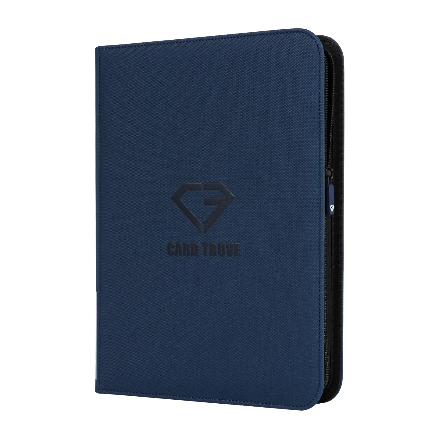 9-Pocket Card Binder Blue for standard trading cards, features durable zipper and splash-resistant surface.