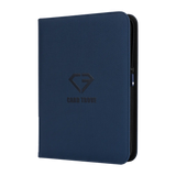 9-Pocket Card Binder Blue for standard trading cards, features durable zipper and splash-resistant surface.