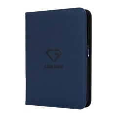 9-Pocket Card Binder Blue for standard trading cards, features durable zipper and splash-resistant surface.