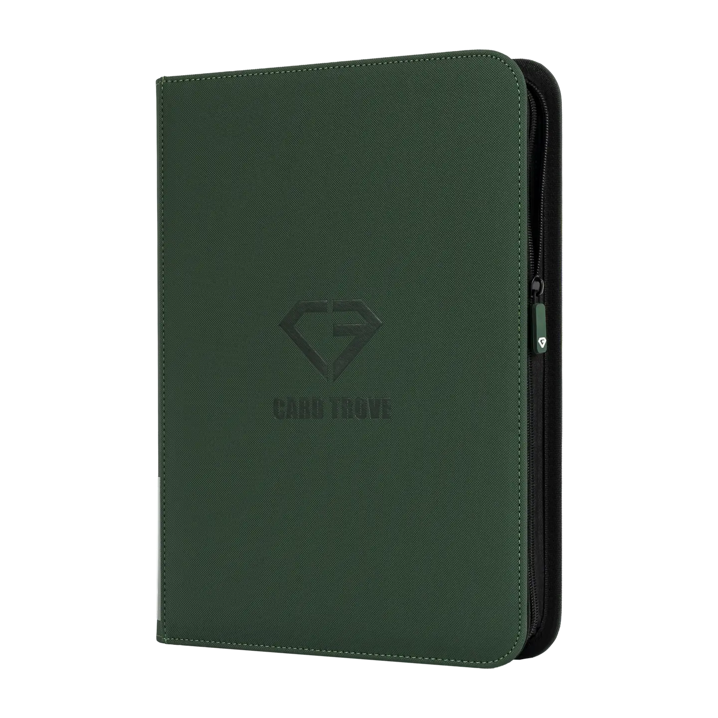 9-Pocket Card Binder Green with smooth zipper and sturdy cover for protecting trading cards.
