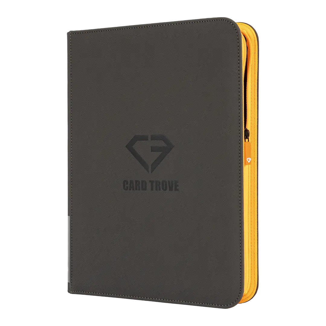 9-Pocket Card Binder - Trove Limited with a sleek black design and orange zipper for trading card storage.