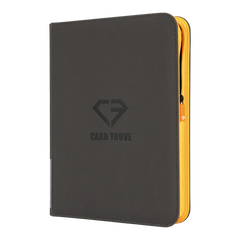 9-Pocket Card Binder - Trove Limited with a sleek black design and orange zipper for trading card storage.
