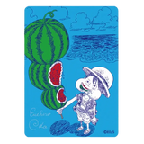Colorful illustration of a boy holding a watermelon, with ocean waves and clouds in the background.