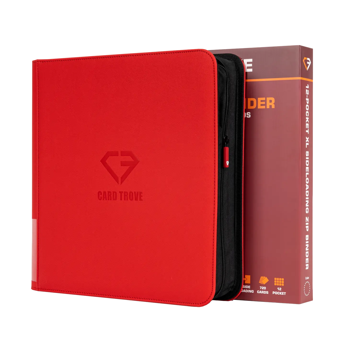 12-Pocket XL Card Binder Red with ultra clear compartments and smooth zipper for secure storage of trading cards.
