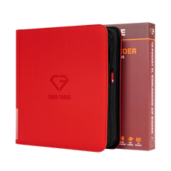12-Pocket XL Card Binder Red with ultra clear compartments and smooth zipper for secure storage of trading cards.