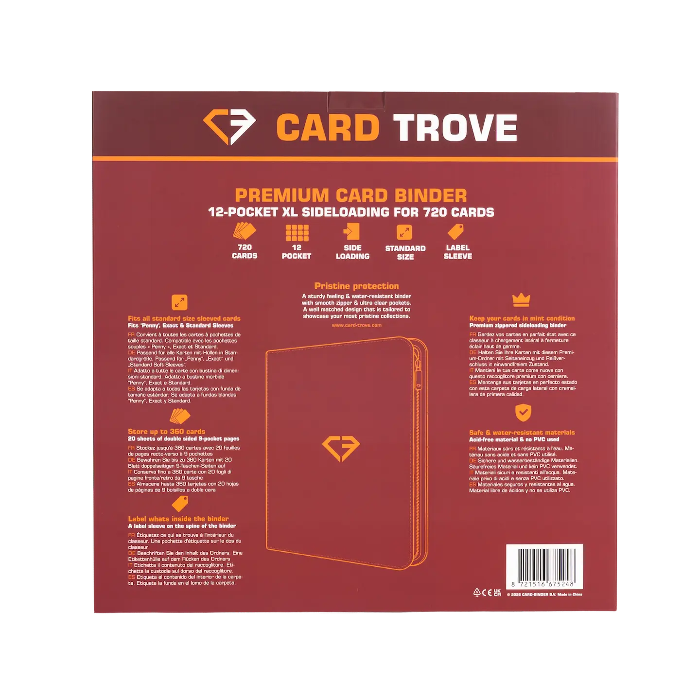 12-Pocket XL Card Binder Red: Premium binder for 720 standard trading cards with sideloading compartments.