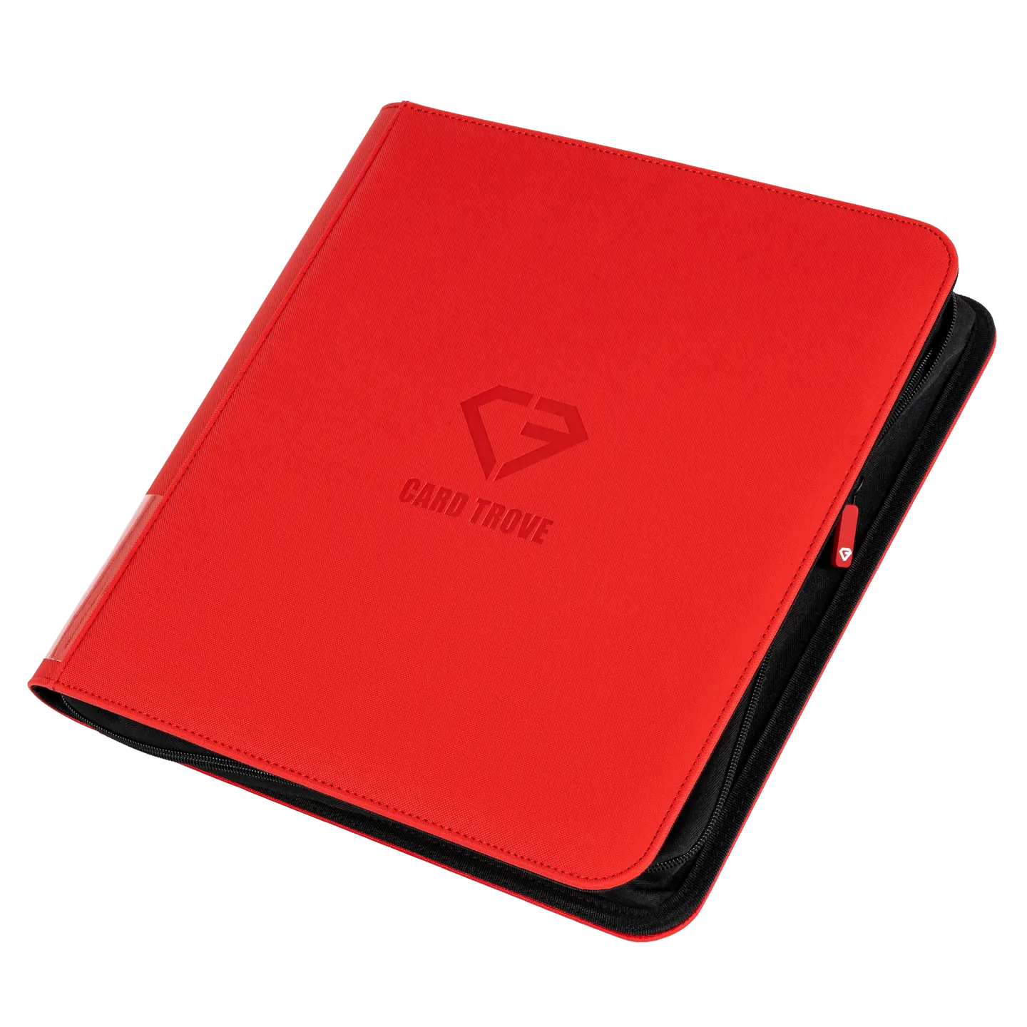 12-Pocket XL Card Binder Red with sleek design and smooth zipper for trading card storage.