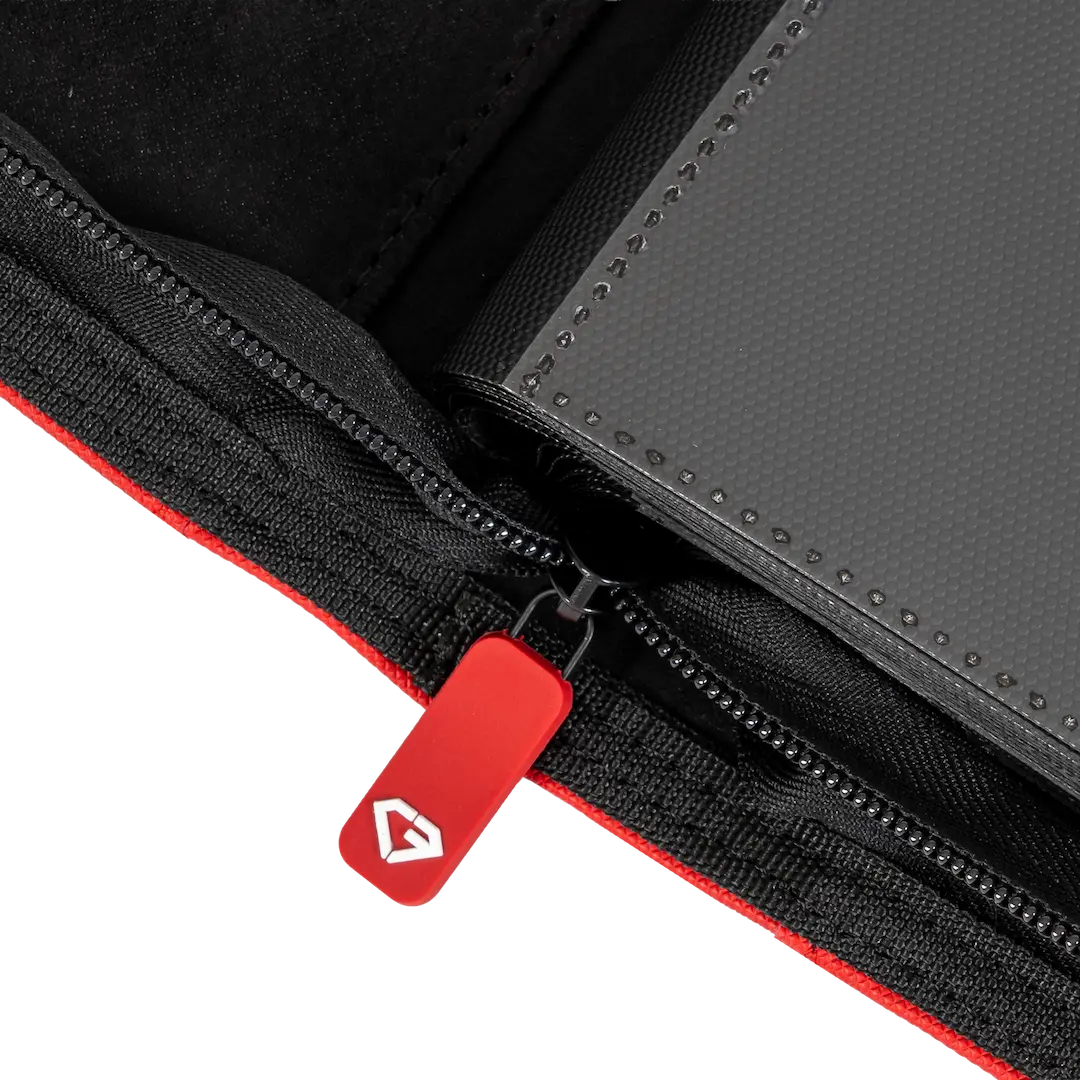 Zipper detail of 12-Pocket XL Card Binder Red featuring quality finishes and smooth functionality.