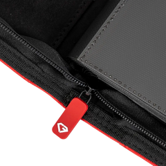 Zipper detail of 12-Pocket XL Card Binder Red featuring quality finishes and smooth functionality.
