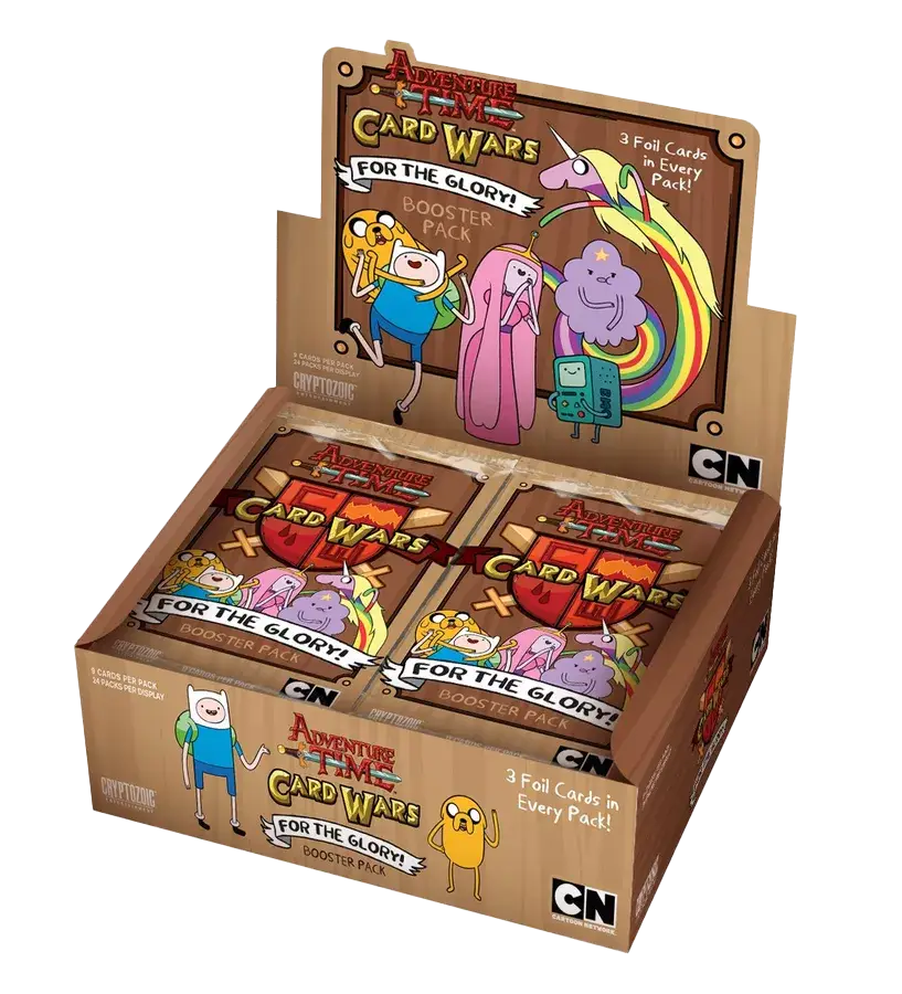 Adventure Time Card Wars Booster display featuring booster packs and characters from the show.