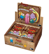 Adventure Time Card Wars Booster display featuring booster packs and characters from the show.