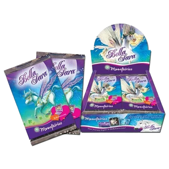Bella Sara Moonfairies Booster box with packs featuring unicorns and fairies.