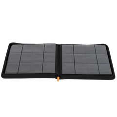 12-Pocket Card Binder Black opened to show ultra clear compartments for organizing trading cards.