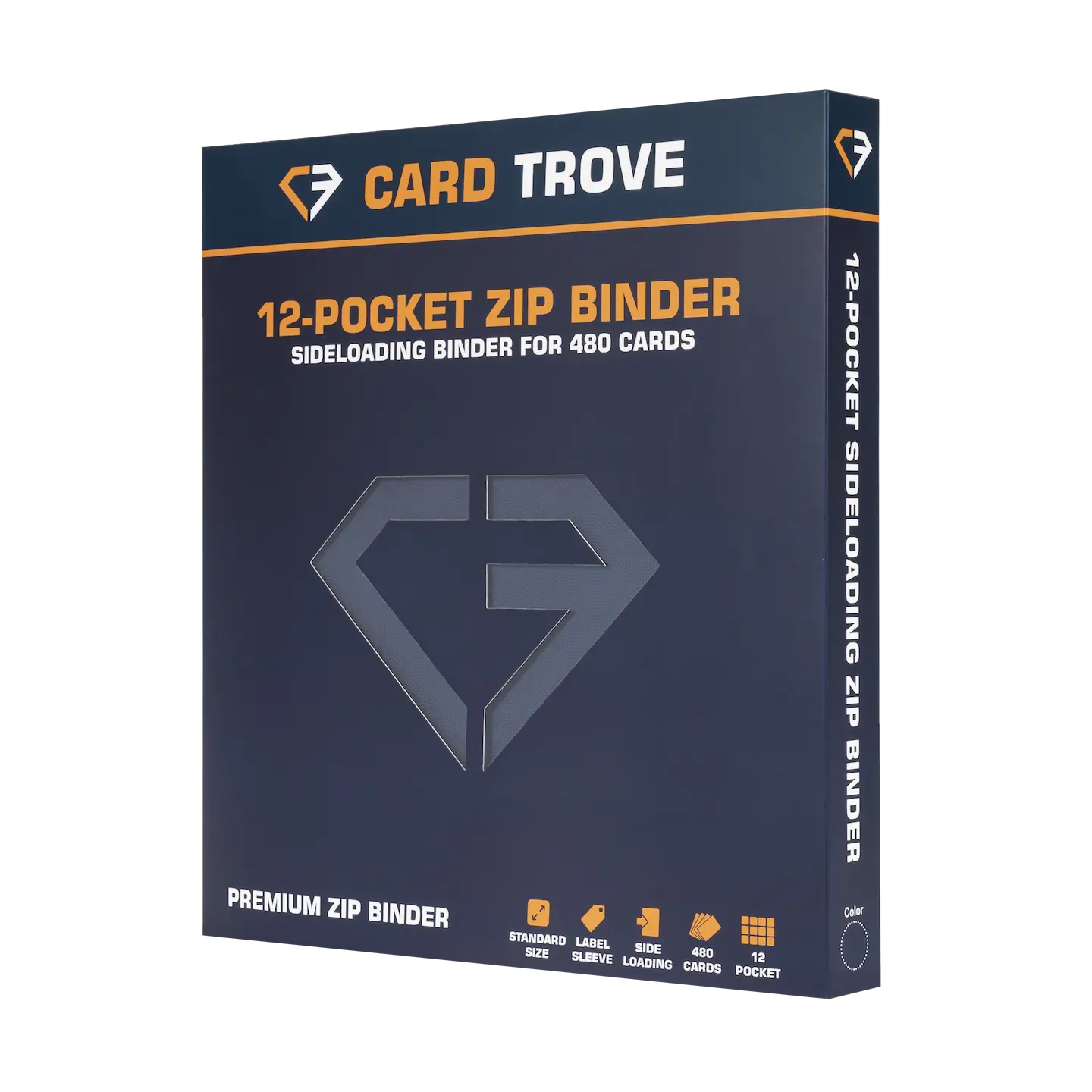 12-Pocket Card Binder Blue showcasing a sideloading design for storing 480 standard trading cards.