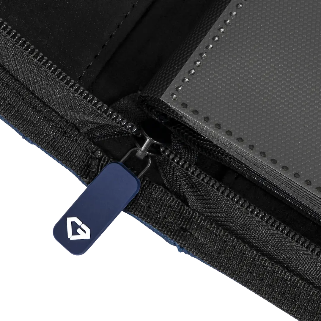 Close-up view of the zipper and compartment of the 12-Pocket Card Binder Blue showing high-quality materials.