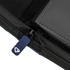 Close-up view of the zipper and compartment of the 12-Pocket Card Binder Blue showing high-quality materials.