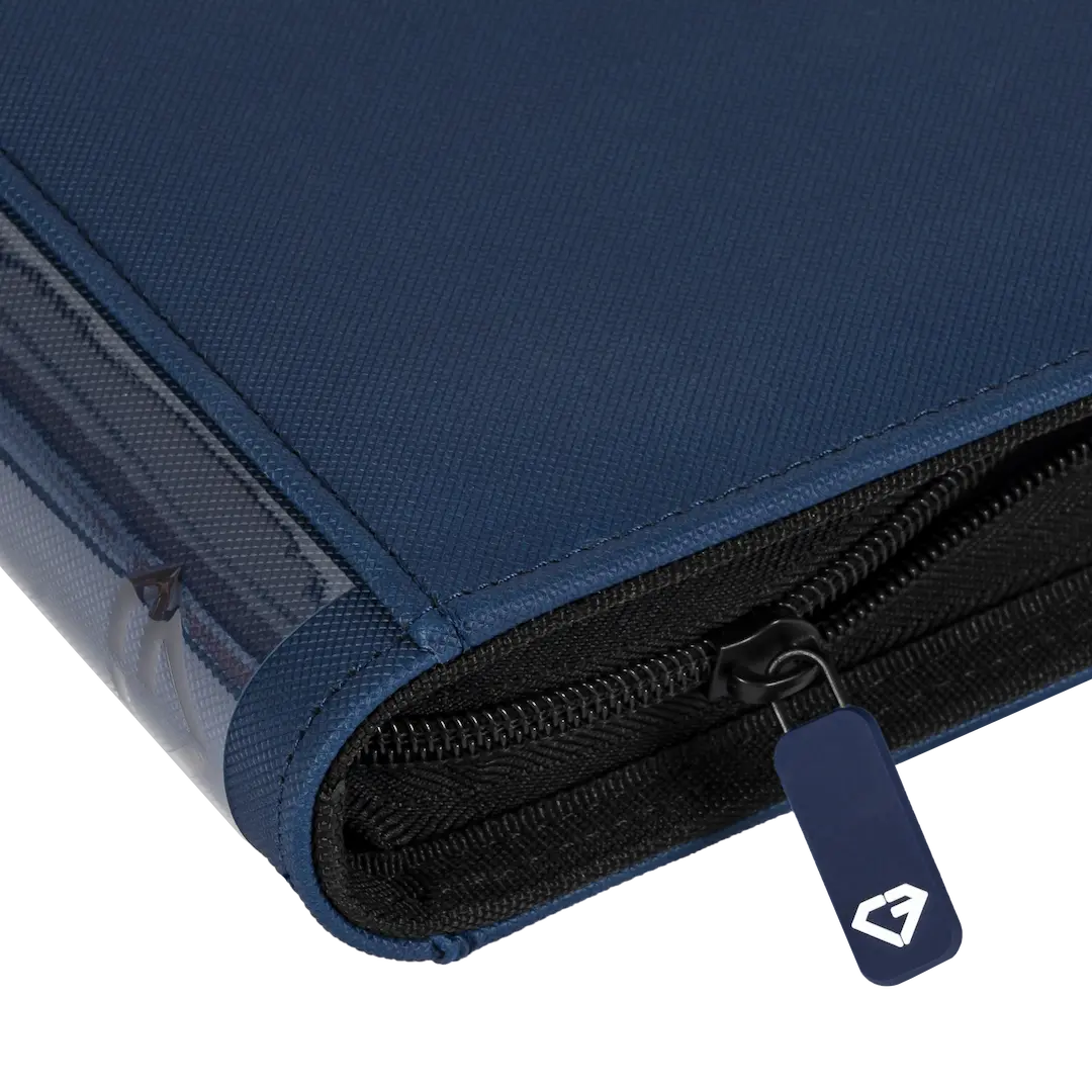 Close-up of the zipper and cover of the 12-Pocket Card Binder Blue for trading cards.