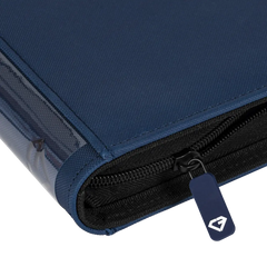 Close-up of the zipper and cover of the 12-Pocket Card Binder Blue for trading cards.