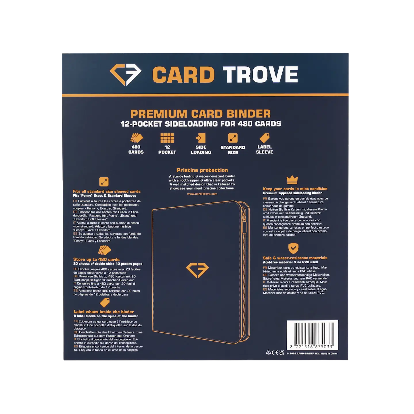 12-Pocket Card Binder Blue with premium features, 480 card capacity, ultra-clear compartments, and splash-resistant design.