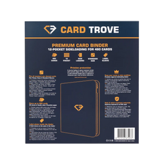 12-Pocket Card Binder Blue with premium features, 480 card capacity, ultra-clear compartments, and splash-resistant design.